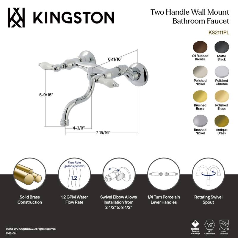 Kingston Brass Kingston Two-Handle 2-Hole Wall Mount Bathroom Faucet
