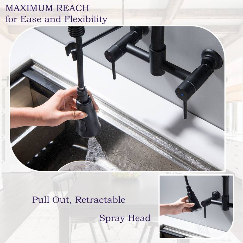 Wall Mounted 3-Way Black/Gold Rotary Kitchen Faucet with Pull Down Sprayer In Stainless Steel