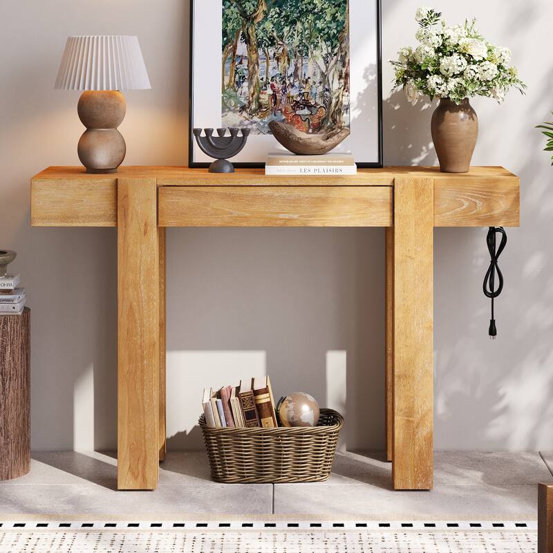 Rustic Minimalist Console Table with Hidden Drawer, Side Power Outlet, Wood Entryway Table for Entryways, Living Rooms