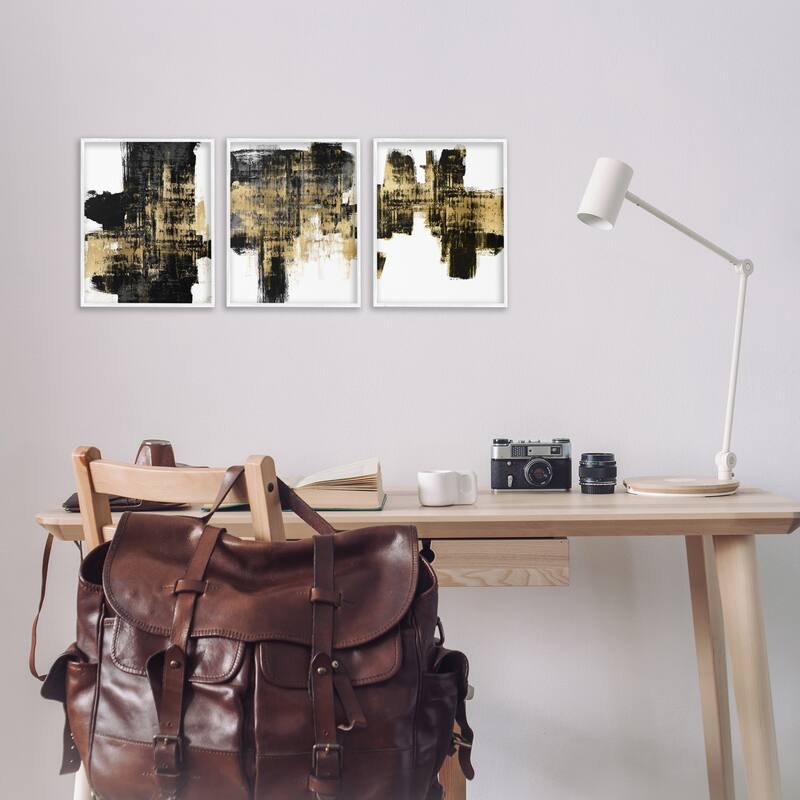Stupell Bold Black Brushstrokes Golden Distressed Accent, 3pc Multi Piece Framed Wall Art Set