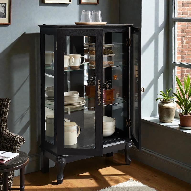 Lighted Curio Cabinet with Tempered Glass Doors, Vintage Display Cabinet with Mirrored Back and Adjustable Shelves