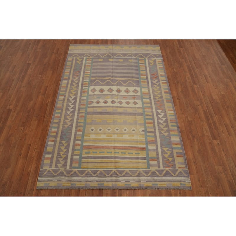 Hand Woven Oriental 100% Wool Carpet Southwestern Tribal Purples Kilim Area Rug - 8' 7'' X 5' 8''