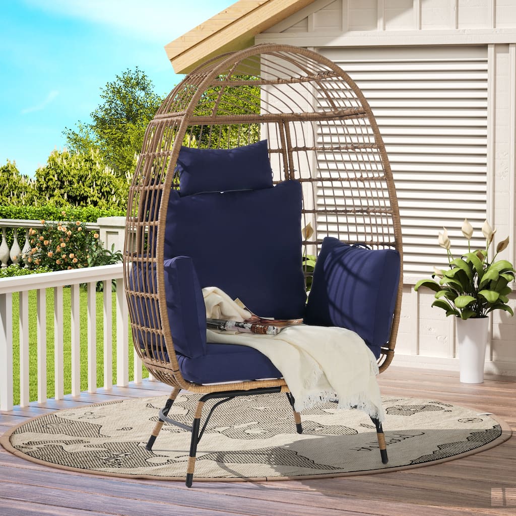 GDFStudio- Serena Oversized Wicker Egg Chair with Cushion and Pillow for Porch, Backyard, or Balcony