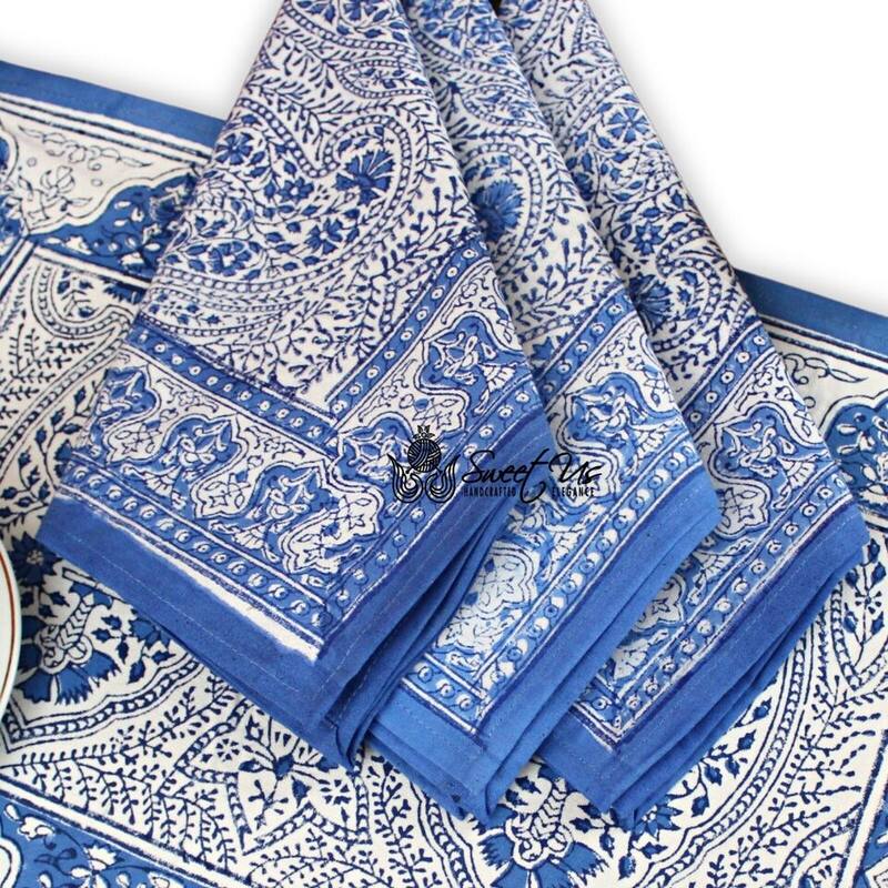 Boho Paisley Floral Block Print Cotton Tablecoth Collection - Set of 4 Napkins