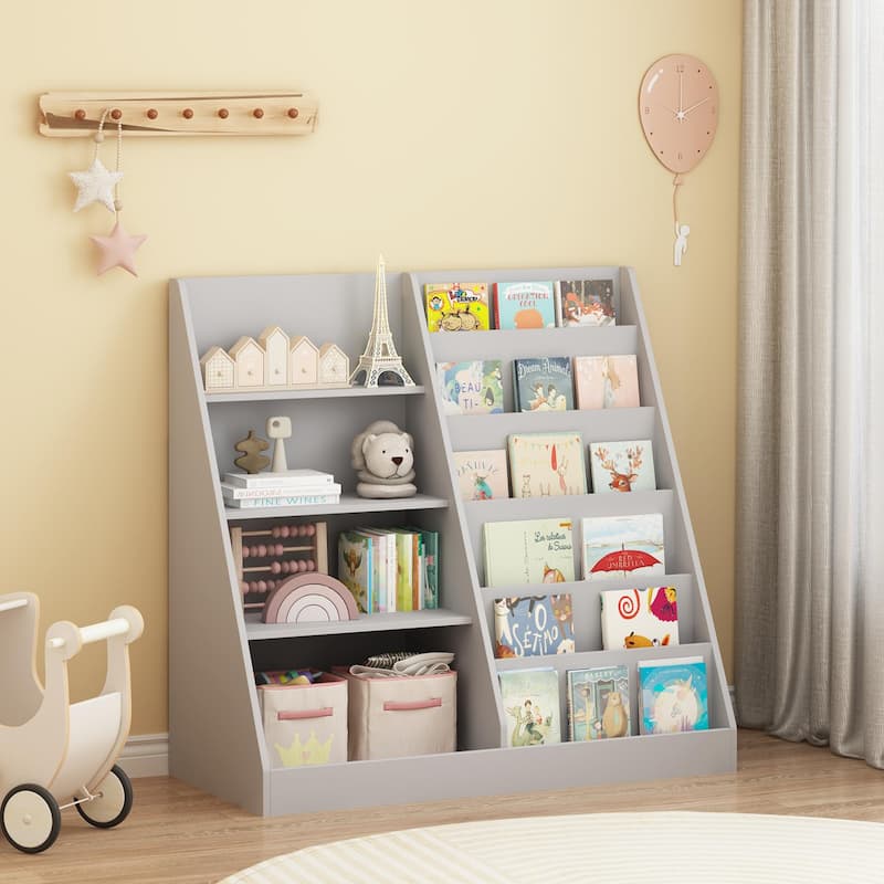 Kids Bookshelf and Toy Storage Organizer, Multifunctional 4 Tier Wooden Kids Book Shelf with Bookcase Display Stand - Grey