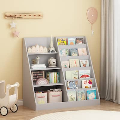 Kids Bookshelf and Toy Storage Organizer, Multifunctional 4 Tier Wooden Kids Book Shelf with Bookcase Display Stand