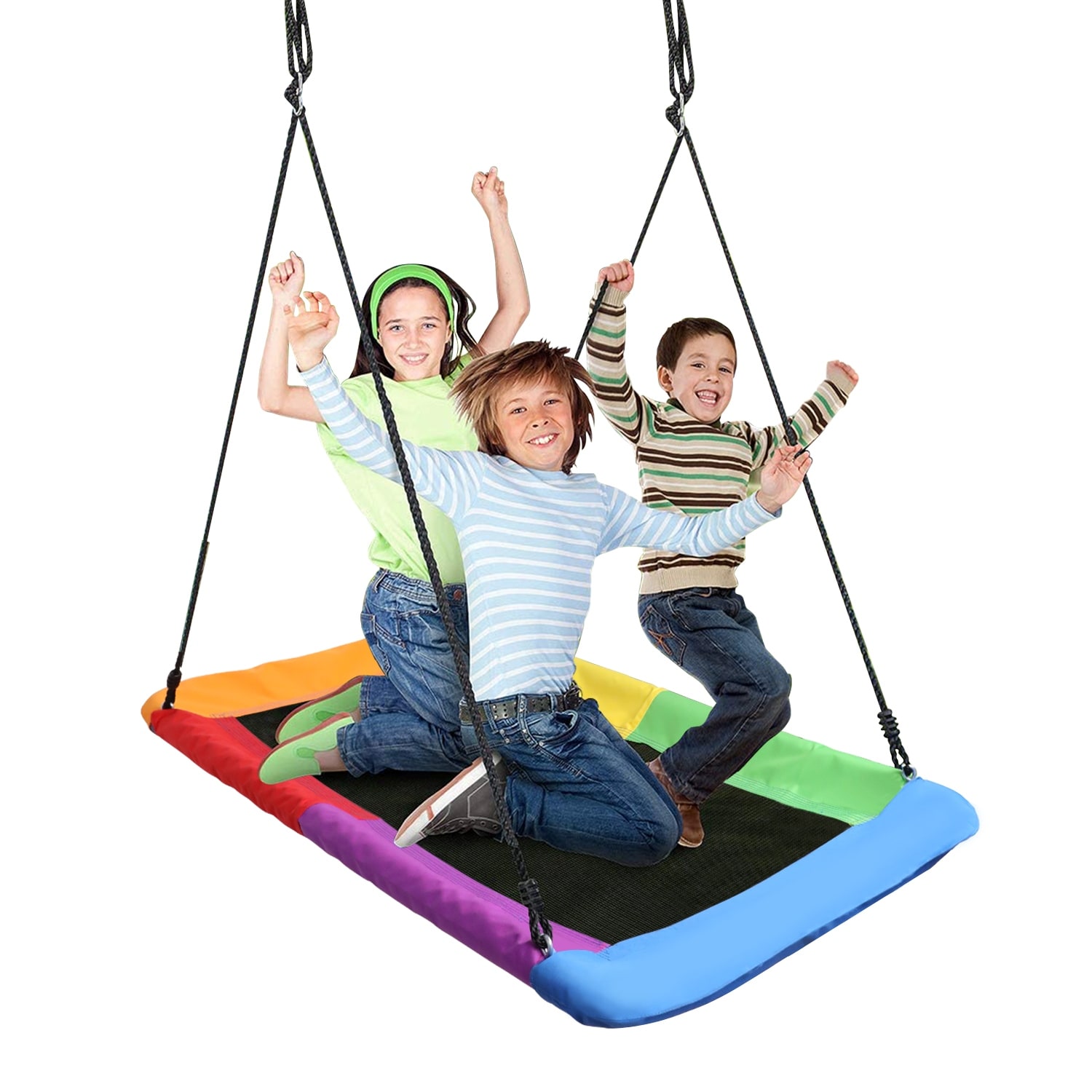 Saucer Tree Swing, Giant Outdoor Rectangle Platform Swing for Kids, Water Proof, Up to 700 lbs - Black/Rainbow