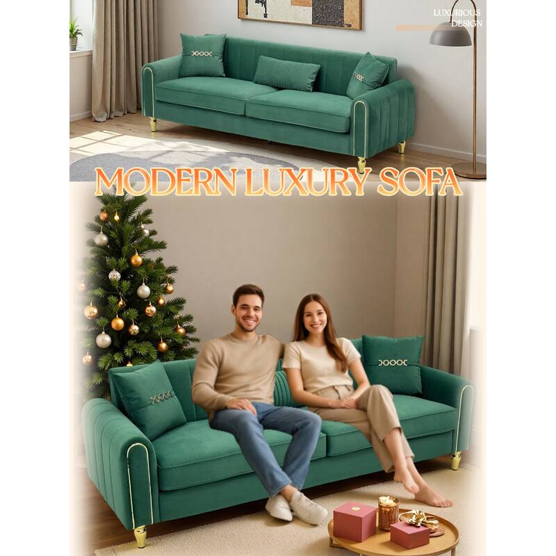 Roomfitters 87.4 Inch 3 Seater Elegant Modern Upholstered Sofa with Gold Metal Trim, Vertical Channel Tufted Back
