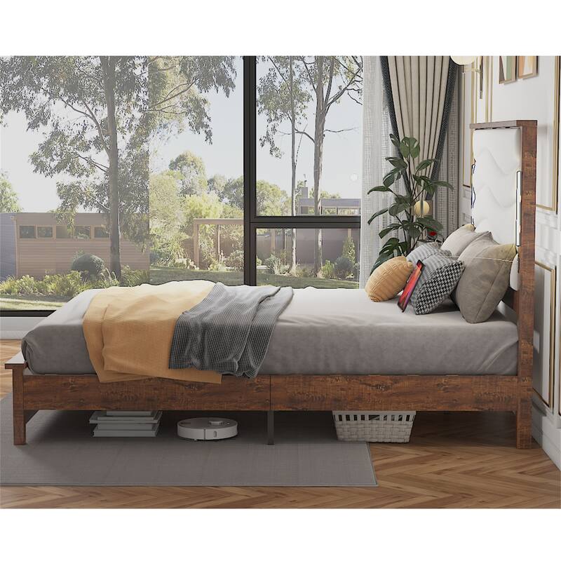 King Size Bed Frame with Upholstered Headboard, Charging Station
