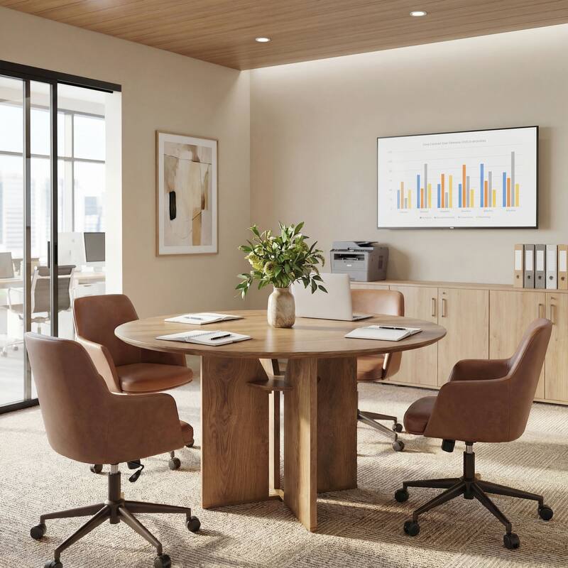 39.37" Conference Table for 4, Round Office Table with Lower Storage Shelf for Training, Seminar