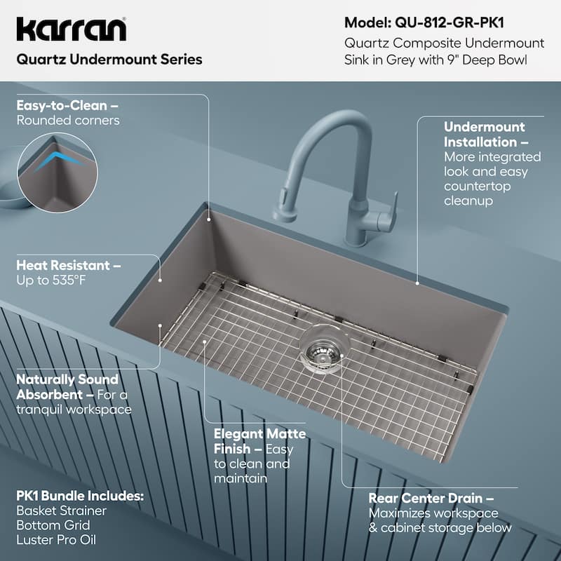 Karran Undermount 32.5 in. Large Single Bowl Quartz Kitchen Sink Kit