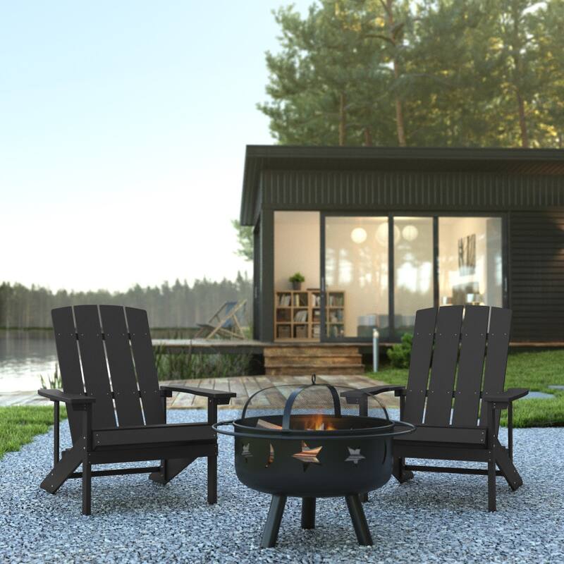 Star and Moon Fire Pit with Mesh Cover & 2 Poly Resin Adirondack Chairs - Grey