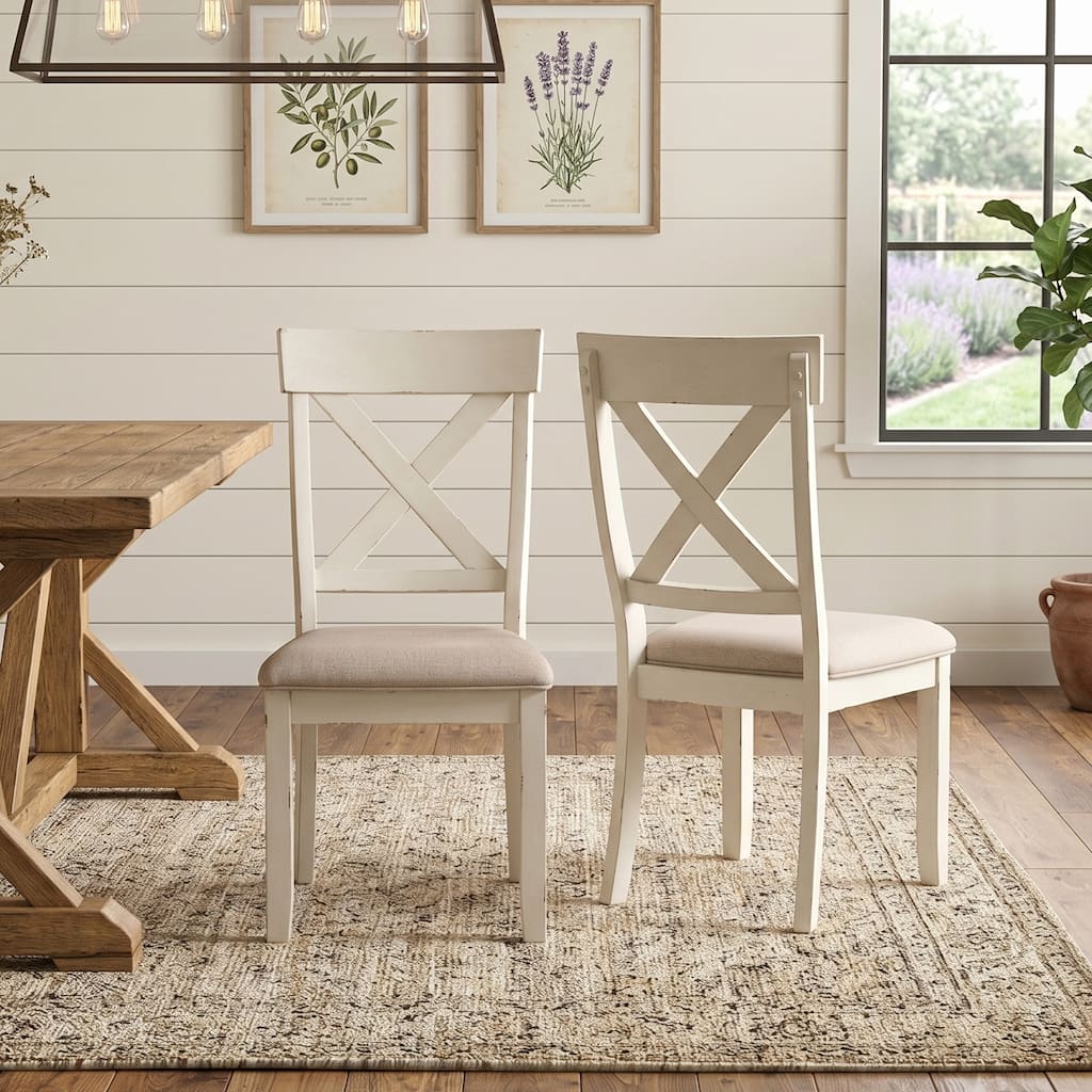 Roundhill Furniture Prato Antique White Wood Cross Back Upholstered Dining Chairs, Set of 2