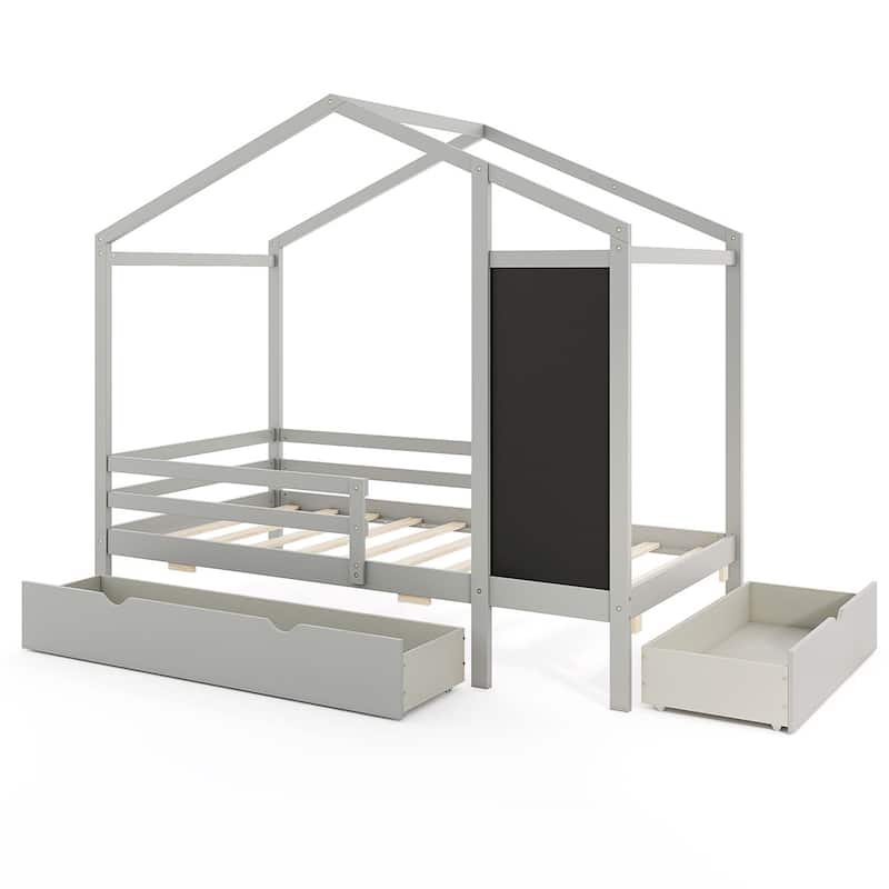 Costway Twin House Bed with 2 Storage Drawers Solid Wood Platform Bed