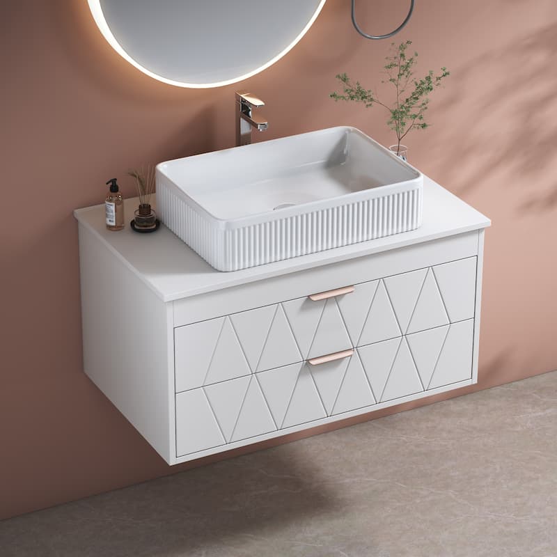 Wall-mounted Bathroom Vanity with Vertical Textured Ceramic Sink, Drawers with Diamond-patterned Design and Rose Gold Handles