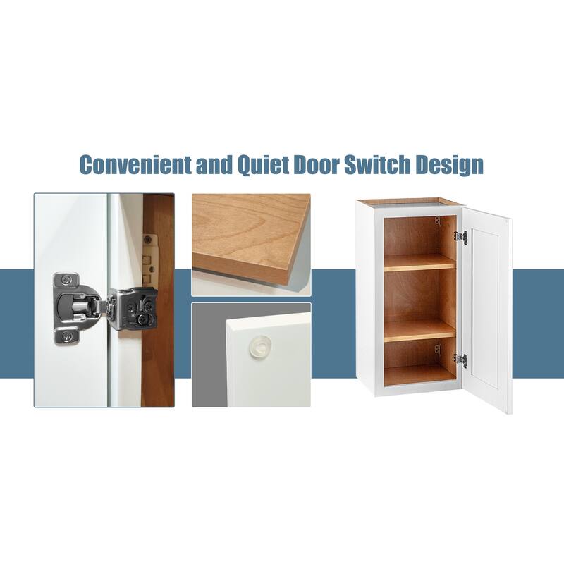 36 Inch White Shaker Double Door Wall Cabinet Solid Wood with 3 adjustable shelves Ready to Assemble, Laundry and Garage Storage