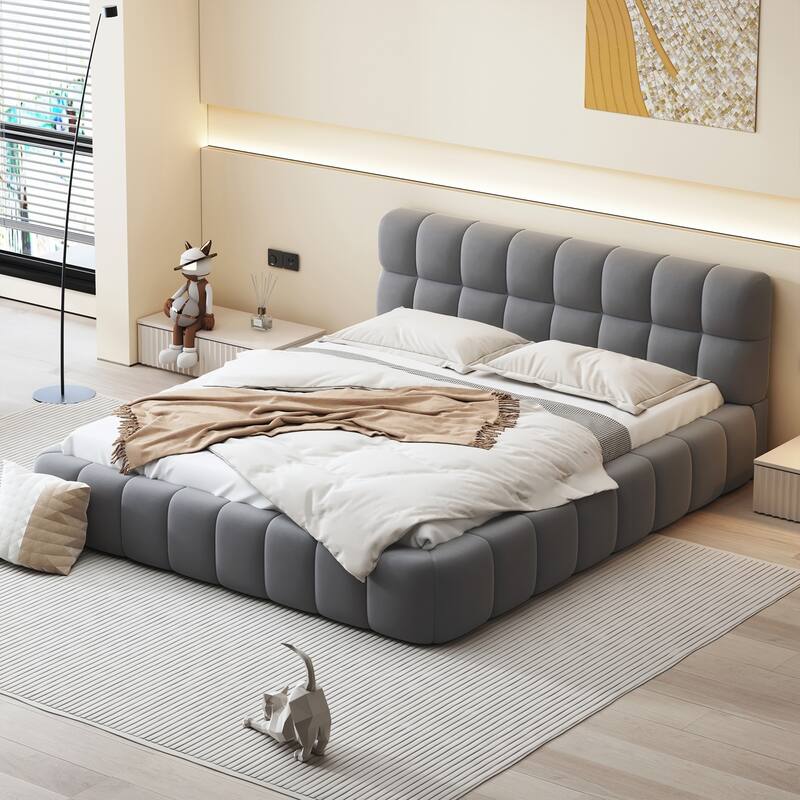 Queen Size Upholstered Platform Bed with Thick Fabric, Grounded Bed with Solid Frame