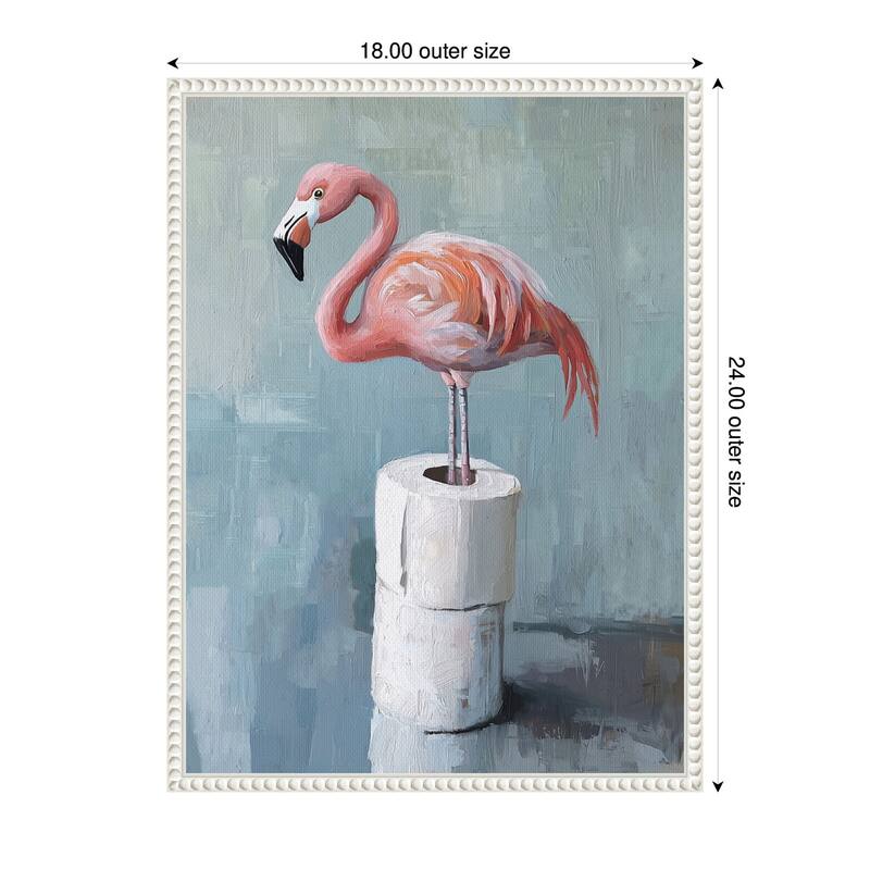 Kate and Laurel Sylvie Flamingo Standing with Toilet Paper Rolls Bathroom Art Framed Canvas by The Creative Bunch Studio