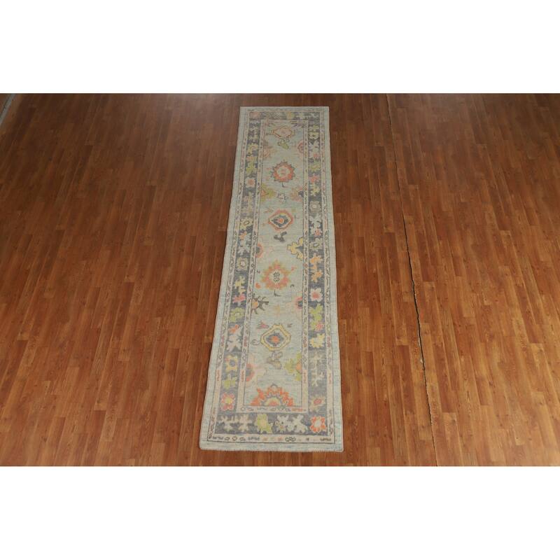 Hand Knotted Oriental 100% Wool Carpet Transitional Floral Navy Blue & Blues Oushak Runner Rug - 10' 9'' X 2' 11''