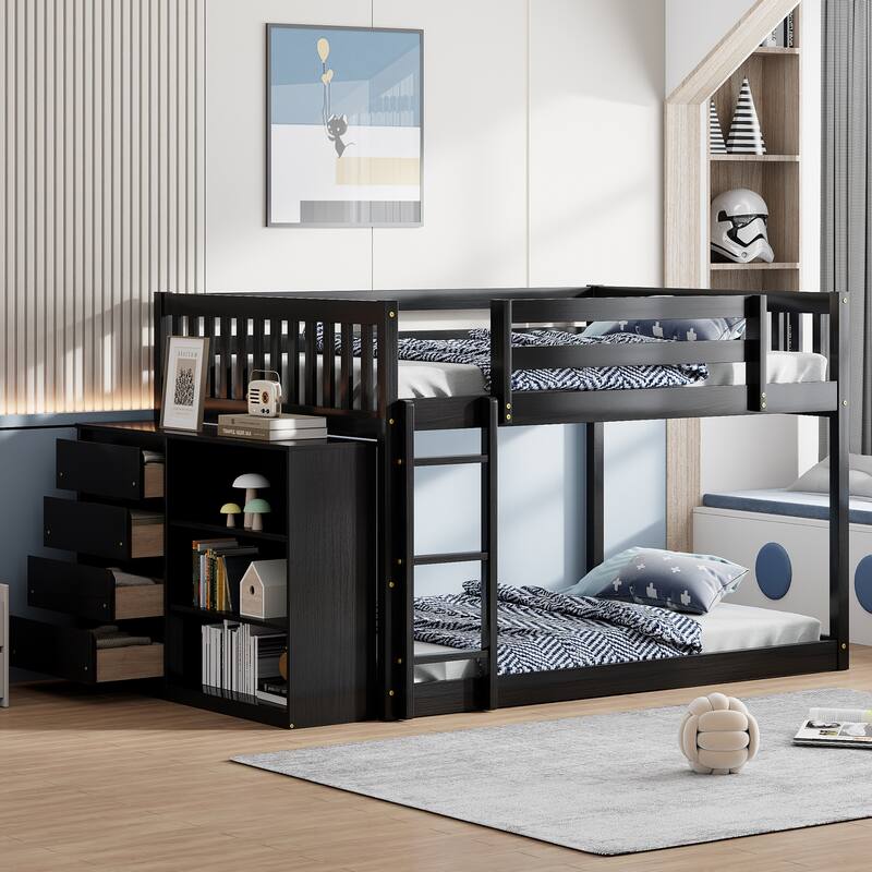 Full Over Full Bunk Bed with 4 Drawers and 3 Shelves in Solid Pine - Espresso
