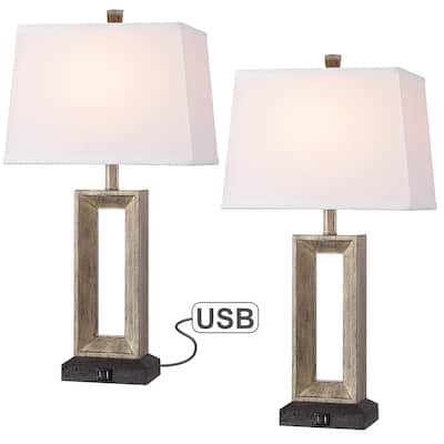 27.4 in. Bronze and Wood Tone Table Lamp with Double USB Port and White Linen Shade (Set of 2) - 27.4"H
