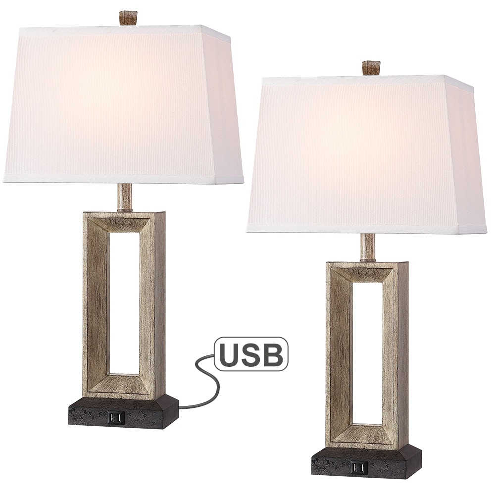 27.4 in. Bronze and Wood Tone Table Lamp with Double USB Port and White Linen Shade (Set of 2) - 27.4"H