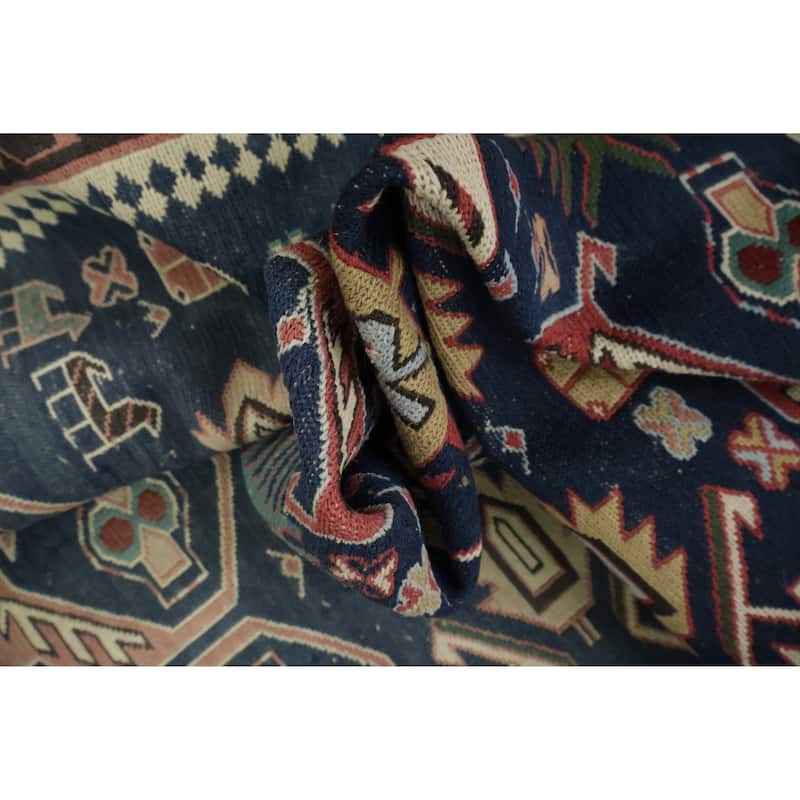 Hand Woven Oriental 100% Wool Carpet Traditional Geometric Navy Blue & Blues Sumak Area Rug - 14' 0'' X 10' 6''