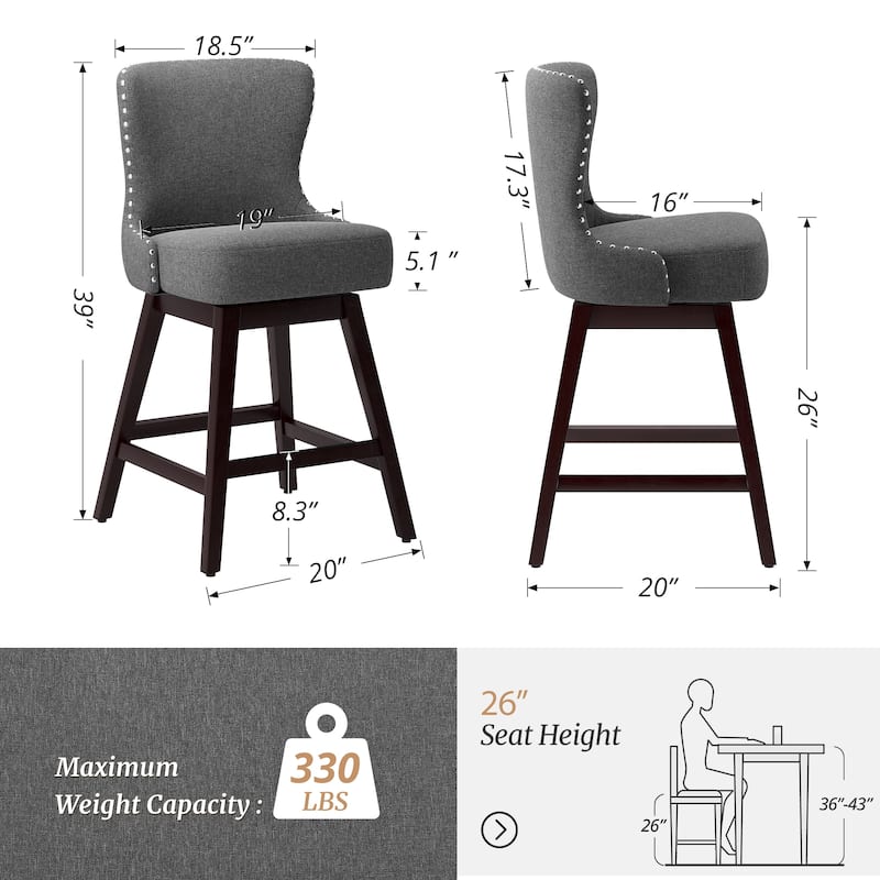26 in. Mid-Century Modern Counter Stools Wood Frame Swivel Bar Stools with Faux Leather/Fabric Upholstered Seat