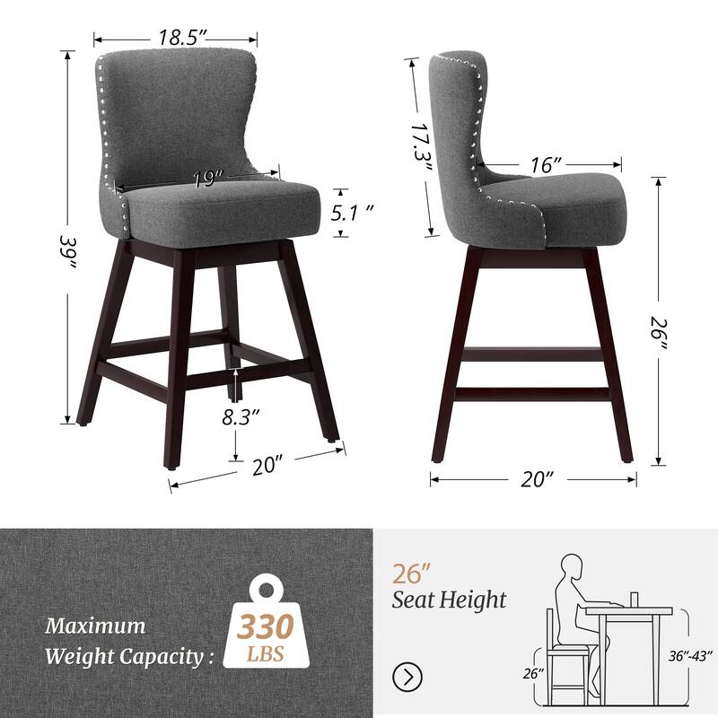 Modern 26 in. H Counter Height Bar Stools Upholstered 360 Free Swivel Counter Stools with Nailhead Trim