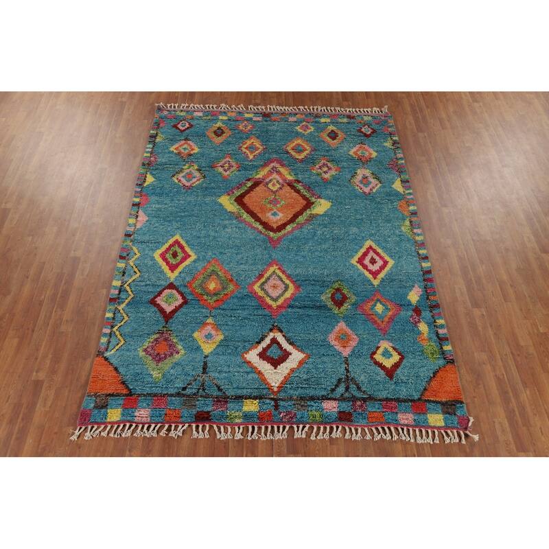 Light Blue Plush Moroccan Oriental Area Rug Handmade Wool Carpet - 7'8" x 10'5"