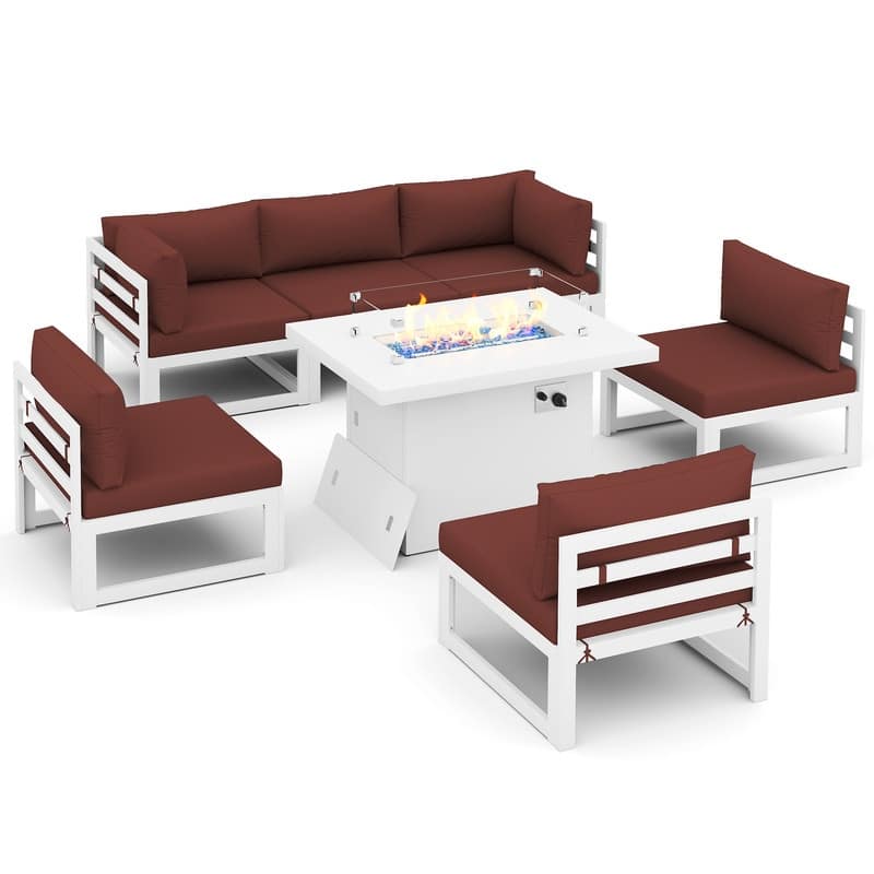 FINCATI Outdoor Furniture Aluminum Patio Set White Aluminum Outdoor Sofa with Thick Cushions and 29 Inch Deep Seat - 7 Pcs-A - Burgundy
