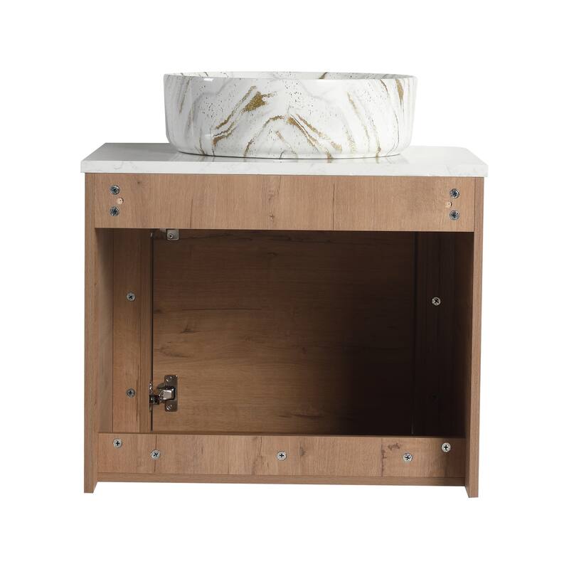 24'' Wall-Mounted Bathroom Vanity With Ceramic Art Sink & 1-Soft-Close Door,KD-Packing, Plywood