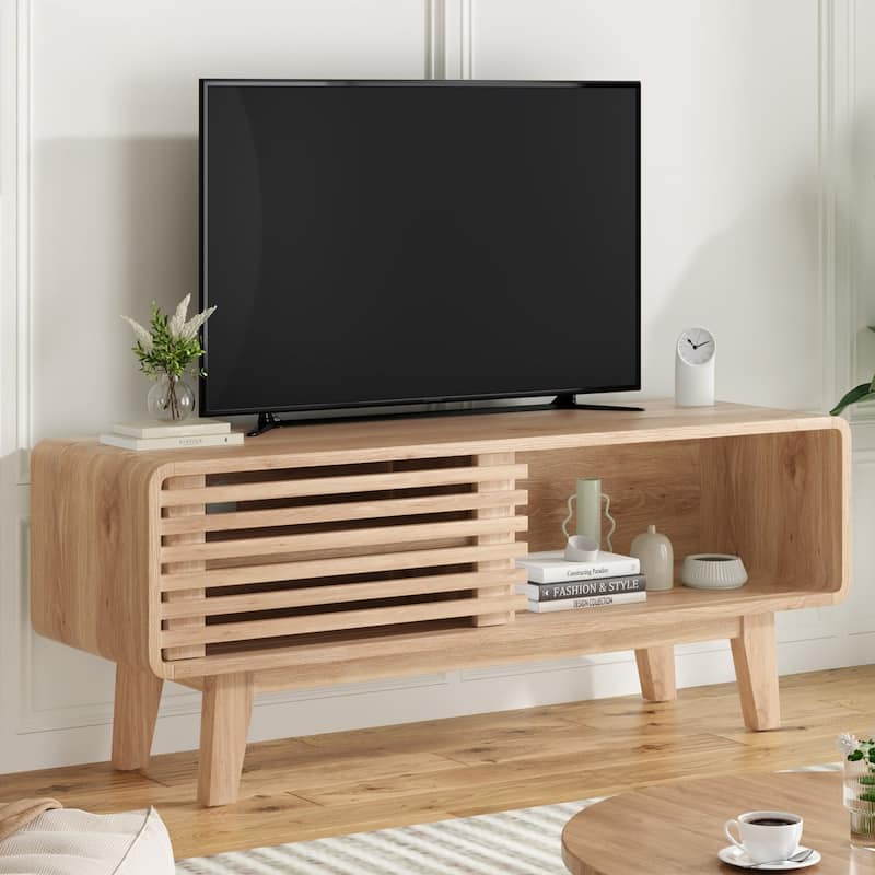 Mid-Century Modern TV Stand for TV Up to 59" with Sliding Slatted Door - Natural