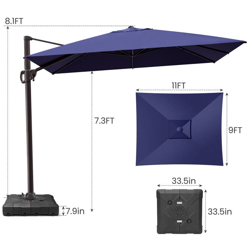 9 x 11 ft Patio Cantilever Offset Umbrella 360-degree Rotation with Base