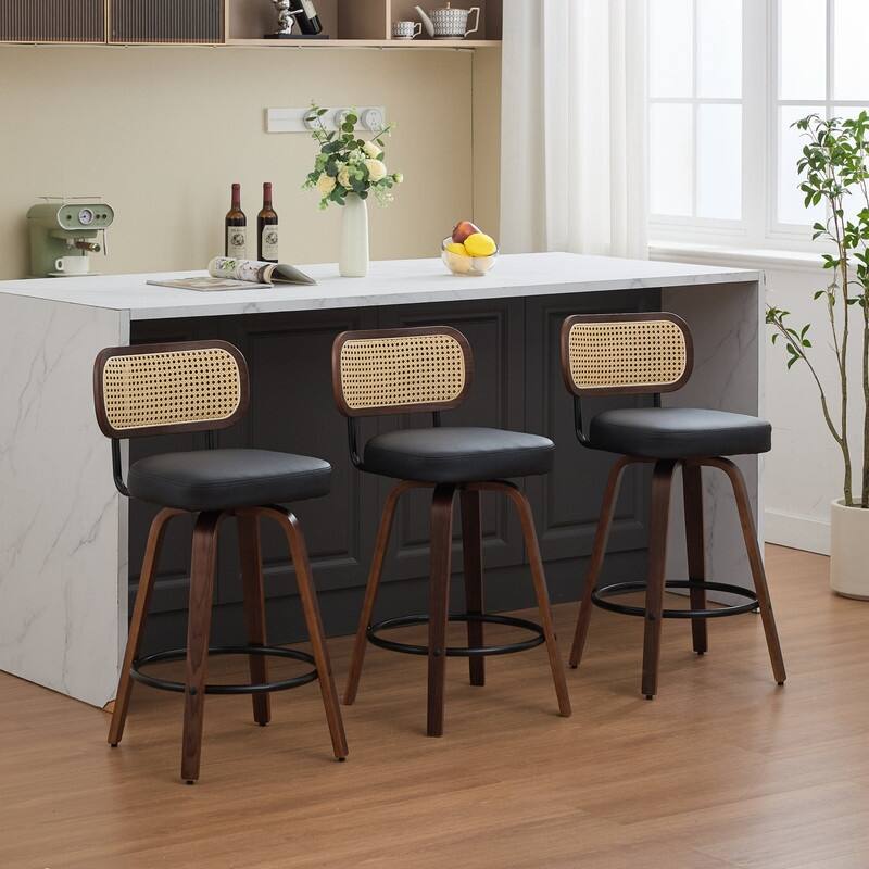 26" Swivel Rattan Bar Stools - Walnut Finish Counter Height Stools with Upholstered Seat