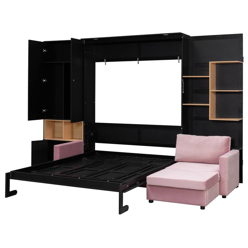 Modern Queen Murphy Bed with Sofa & Storage Shelves, Space-Saving Wall Bed with Integrated LED Lights