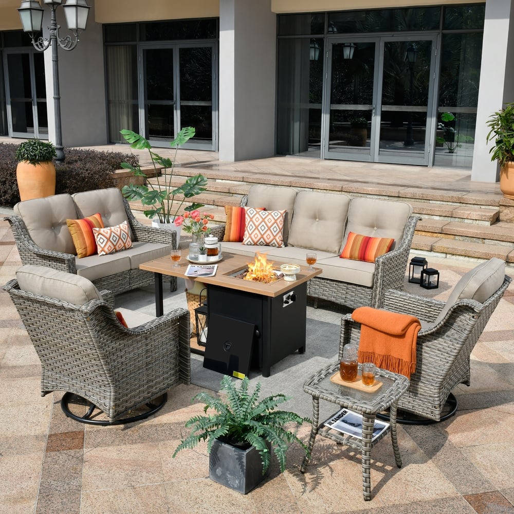 XIZZI 6-piece Outdoor High-back Furniture Swivel Chair Set with Fire Pit