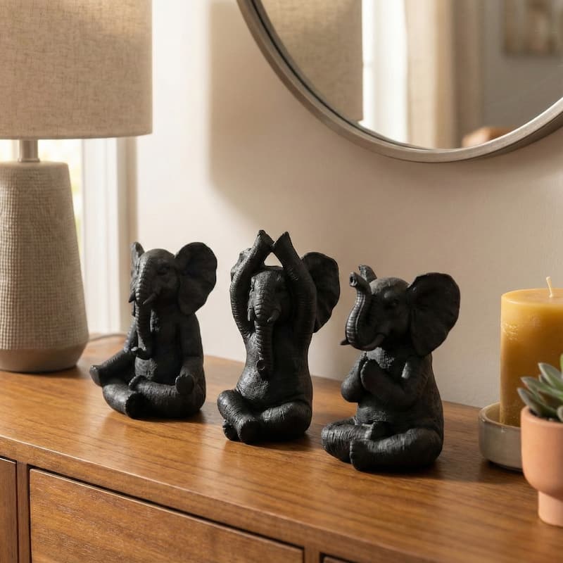 Decorative Resin Elephant Figurines with Yoga Poses - Set of 3, 8" - Black - 8.0"