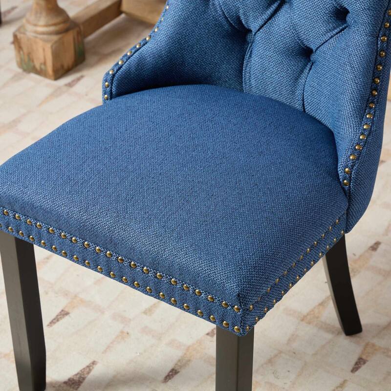 Set of 2 Linen Upholstered Dining Chair with Wood Legs, Nailhead Trim