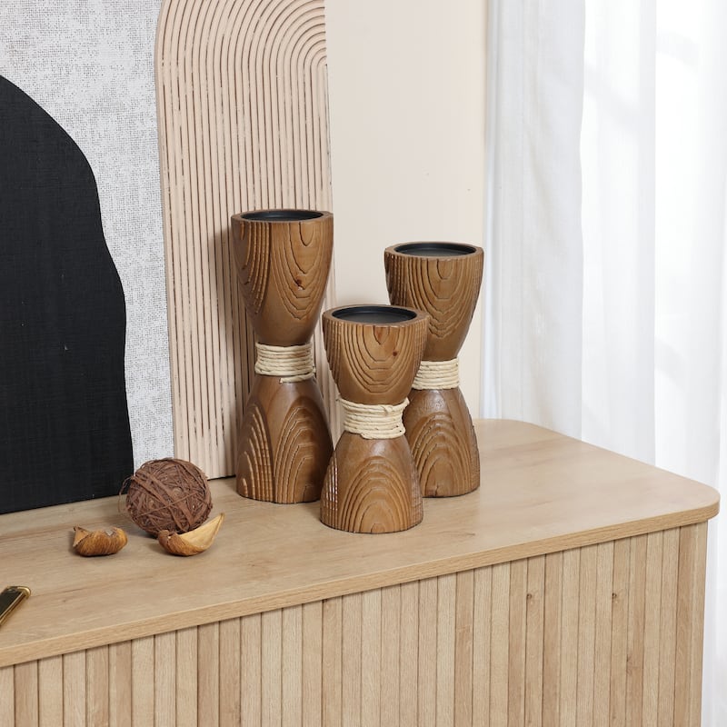 3-Piece Pine Wood with Rattan Pillar Candle Holder Set - 11" H x 4" W x 4" D