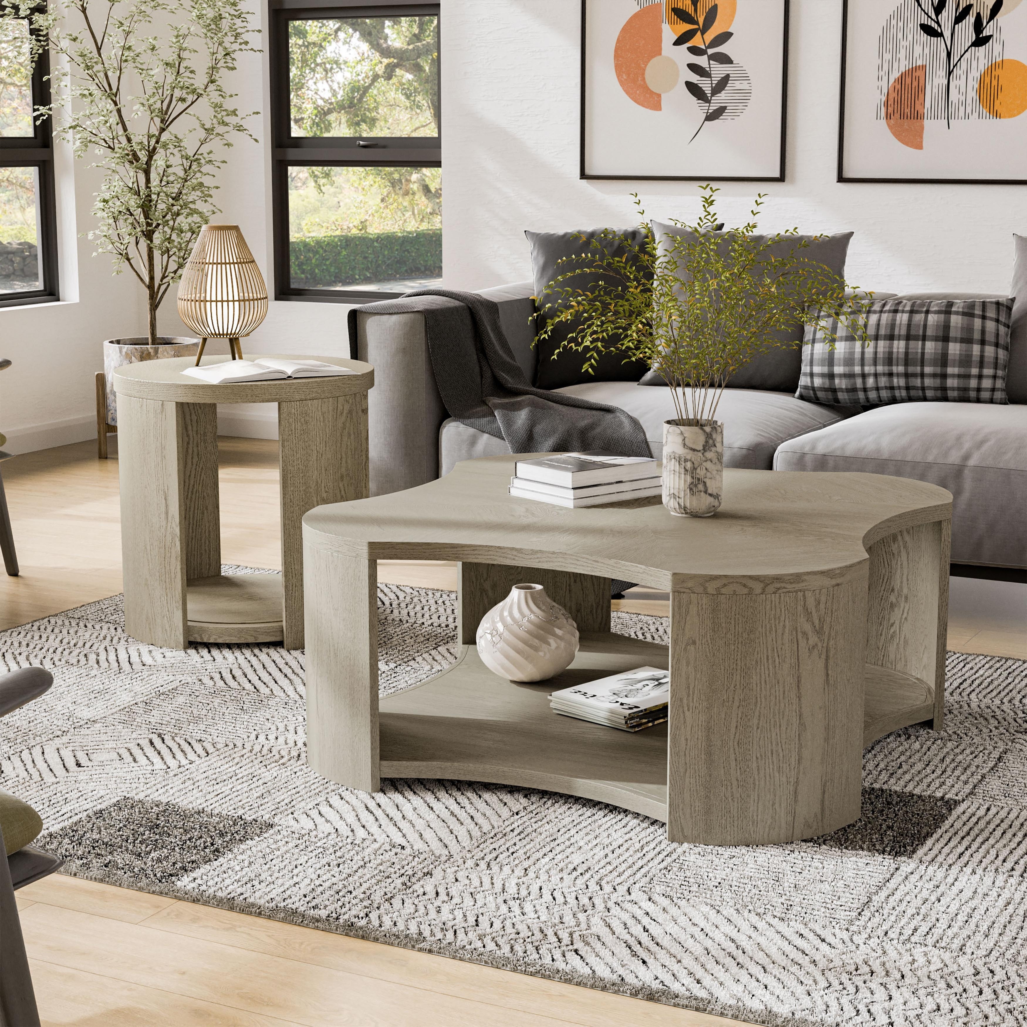 Furniture of America Piez Modern 2-Piece Oak Wood Coffee Table Set with Open Shelf and Casters