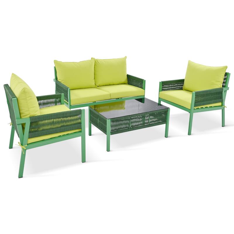 4-Piece Patio Furniture Set, Outdoor Garden Conversation Set with Tempered Glass Table, Deep Seating and Thick Cushion