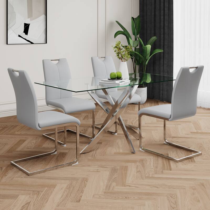 Modern Set of 2 Dining Chairs with Leather Cushioned Seat, Chrome Metal Legs, for Dining Room, Living Room, and Bedroom
