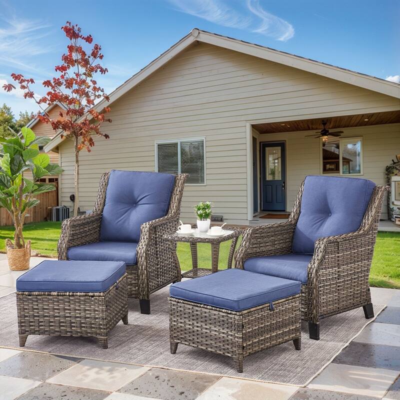Gymojoy Outdoor Wicker Furniture Set with Cushions All-Weather PE Rattan - 5 PCS - Club Chairs & Ottomans & Side Table - Blue