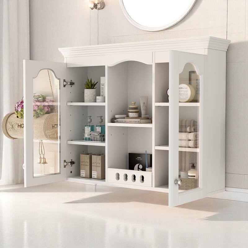 35" Wall-Mounted Bathroom Storage Cabinet with 2 Glass Doors, Adjustable Shelves for Toiletries and Essentials