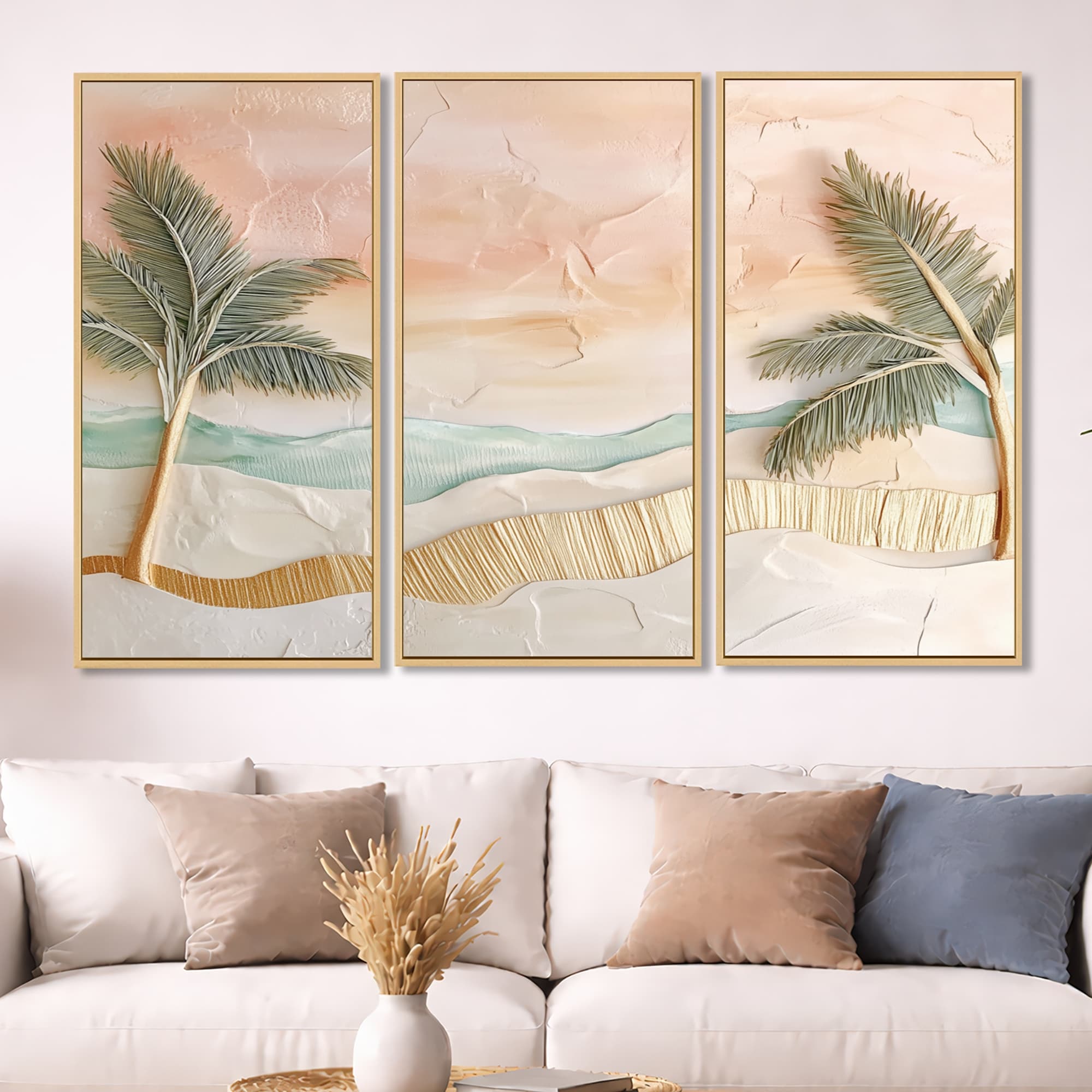 Designart Tropical Palm Sunset Shoreline II - Botanical Framed Canvas Print Set of 3