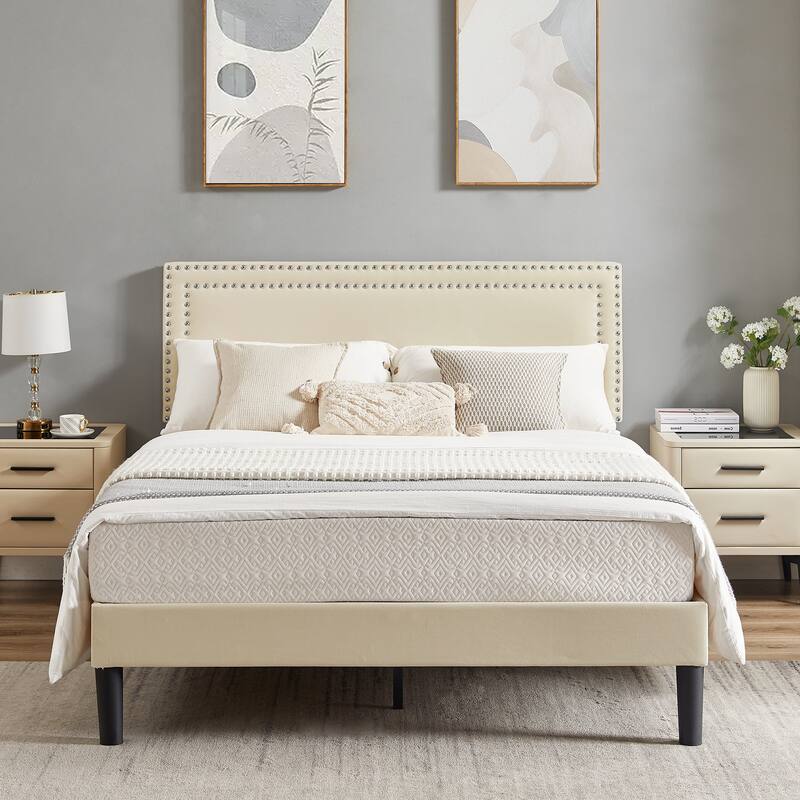 Upholstered Platform Bed Frame with Adjustable Headboard, Velvet Nailhead Trim, No Box Spring Needed - Beige - Full