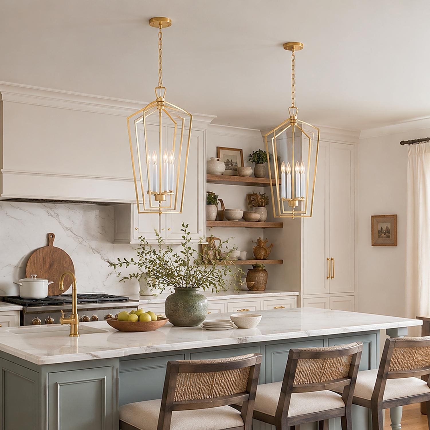 Modern Farmhouse 4-Light Gold Metal Lantern Kitchen Island Pendant Entryway Ceiling Light - W14"xH28.3"