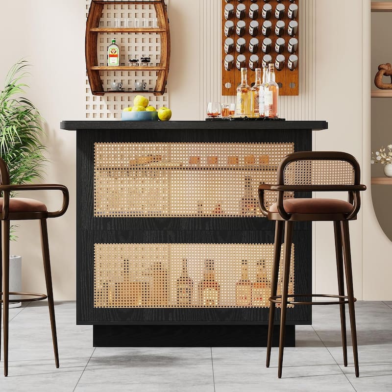 Farmhouse 4-Tier Home Bar Unit, Rattan Bar Table Bar Cabinet for Home Pub