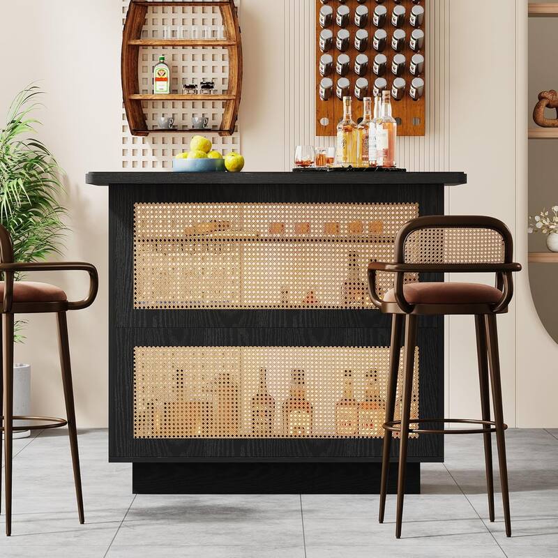 Rattan Home Bar Unit, Farmhouse 4-Tier Bar Table with 4 Stemware Racks